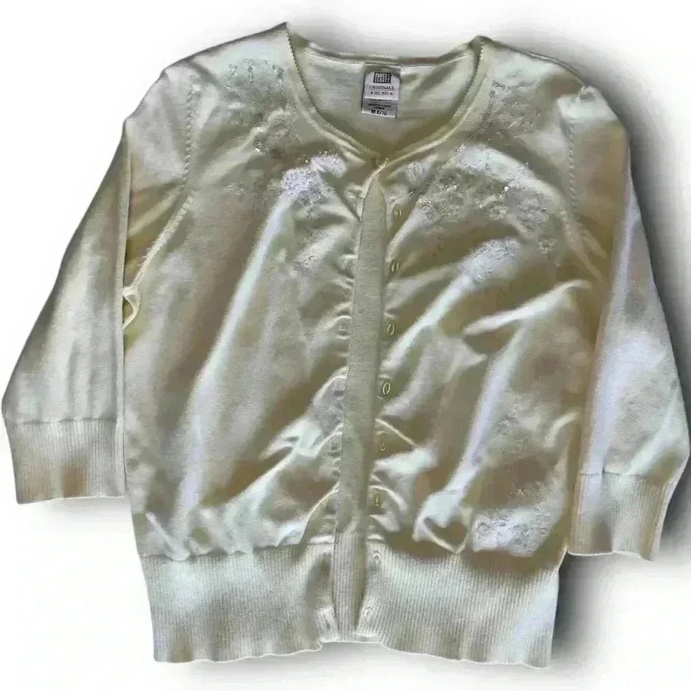 vtg‎ Faded Glory embroidered beaded spring yellow cardigan sweater 3/4 sleeves m